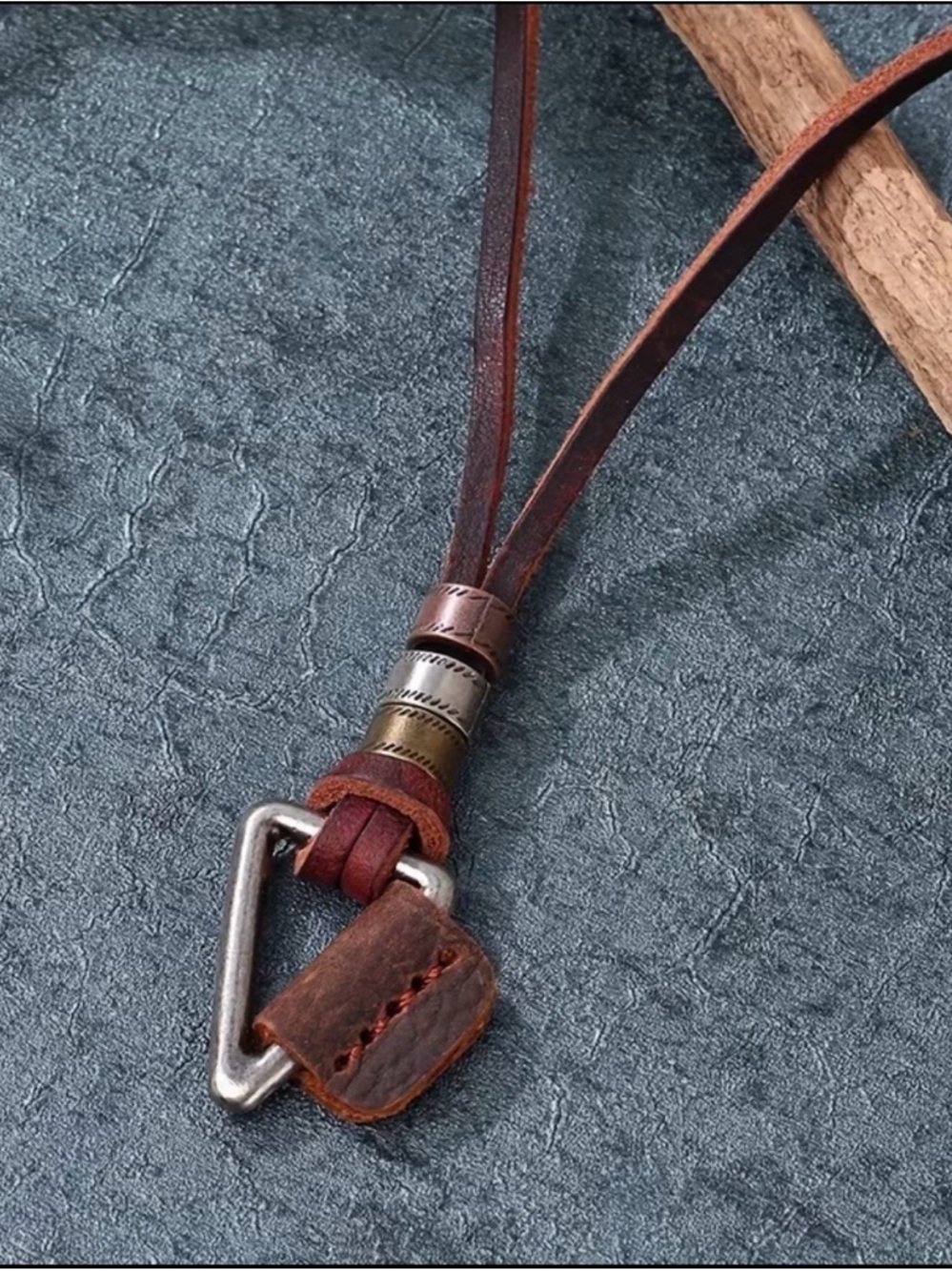 Leather Brown Men’s Strap Necklace with Metal Accent